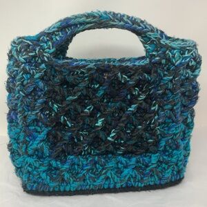 Handmade Crochet Tote Bag Blue Teal Chunky Yarn, Small Knit Purse Boho Artisan